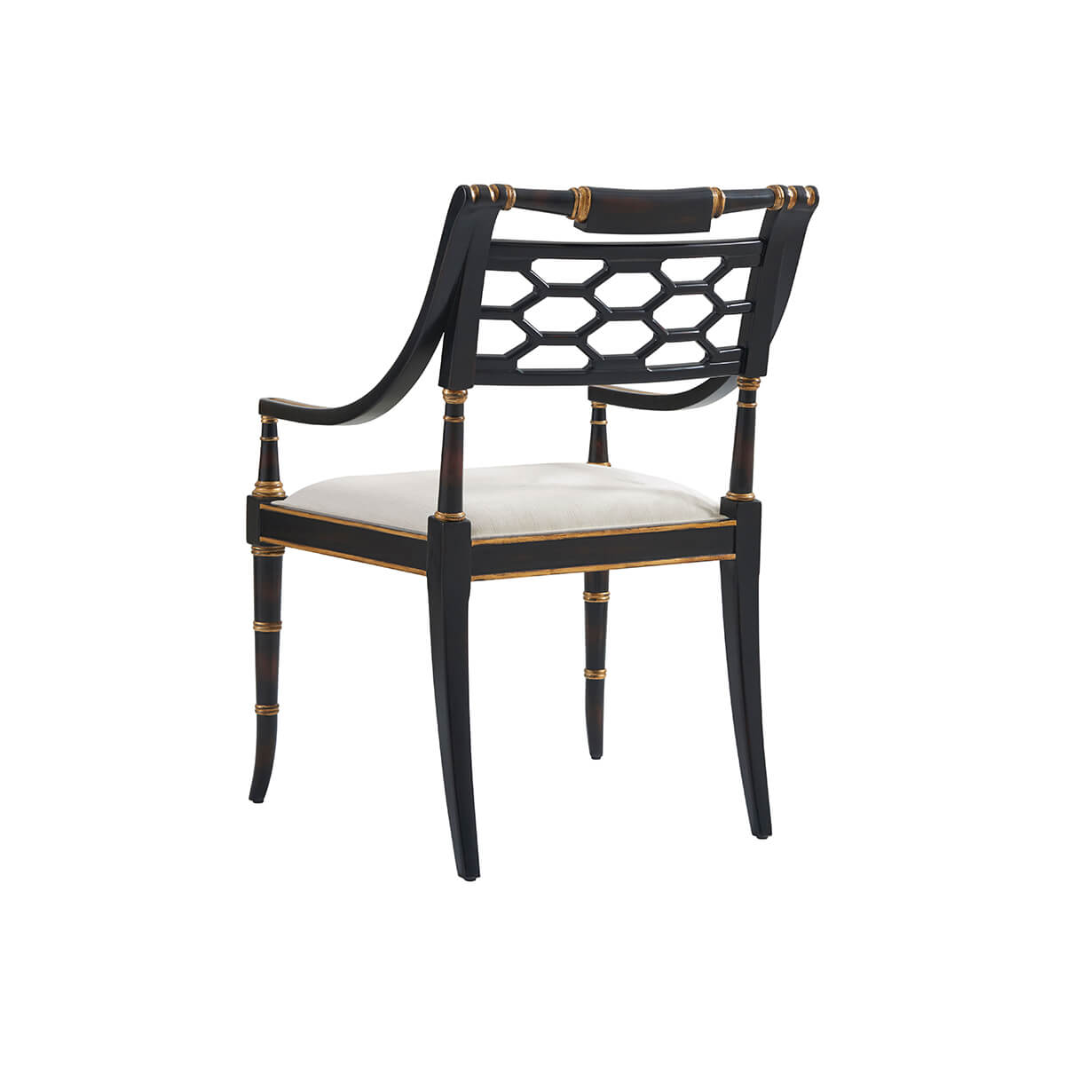 Regency style armchair, back view, detailed geometric pattern.