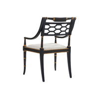 Regency style armchair, back view, detailed geometric pattern.