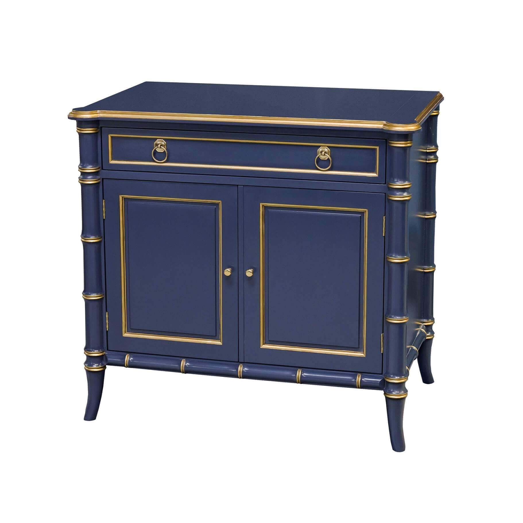 Blue Regency style bedside table with drawer.