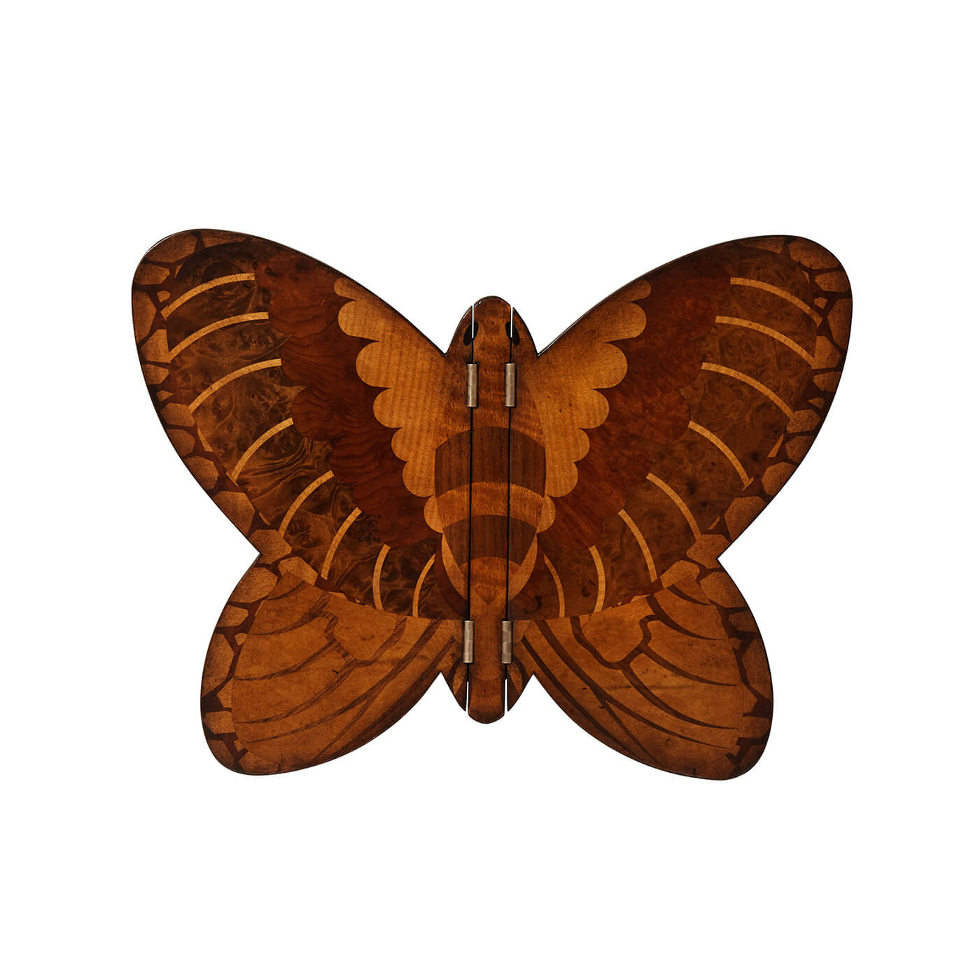 Top view of butterfly table, showcasing wood inlay pattern.