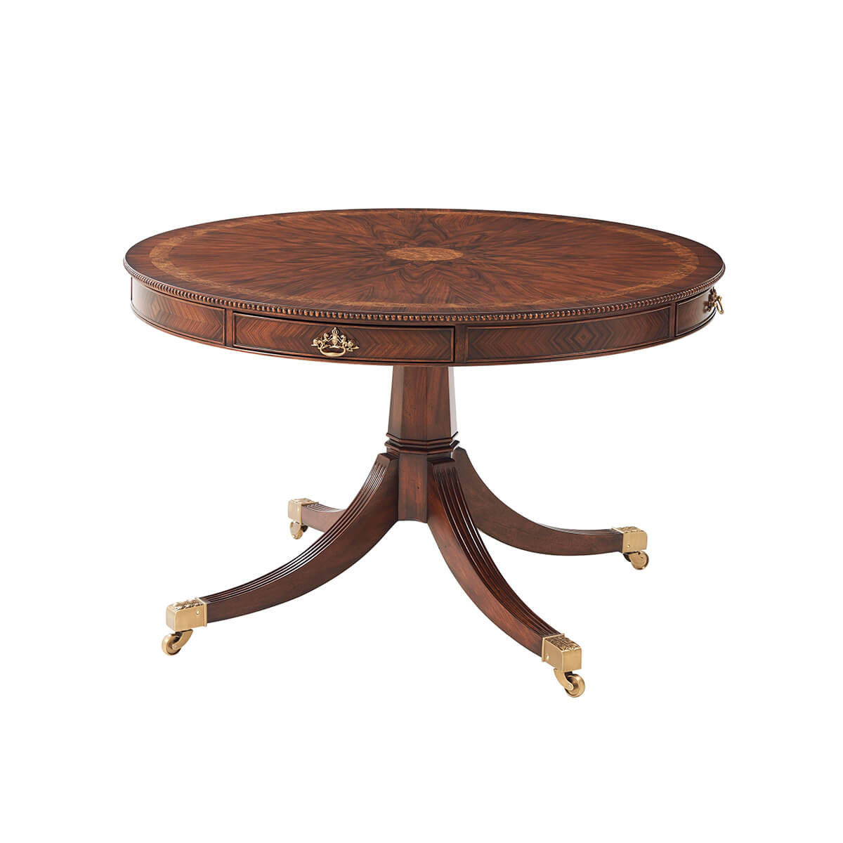 Round wooden Regency style center table, angled view.