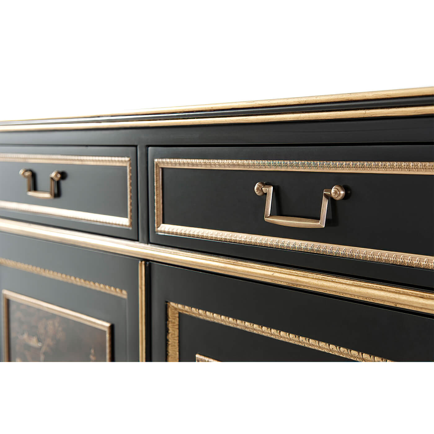 Close-up of Regency cabinet drawers and ornate handles.