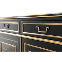 Close-up of Regency cabinet drawers and ornate handles.