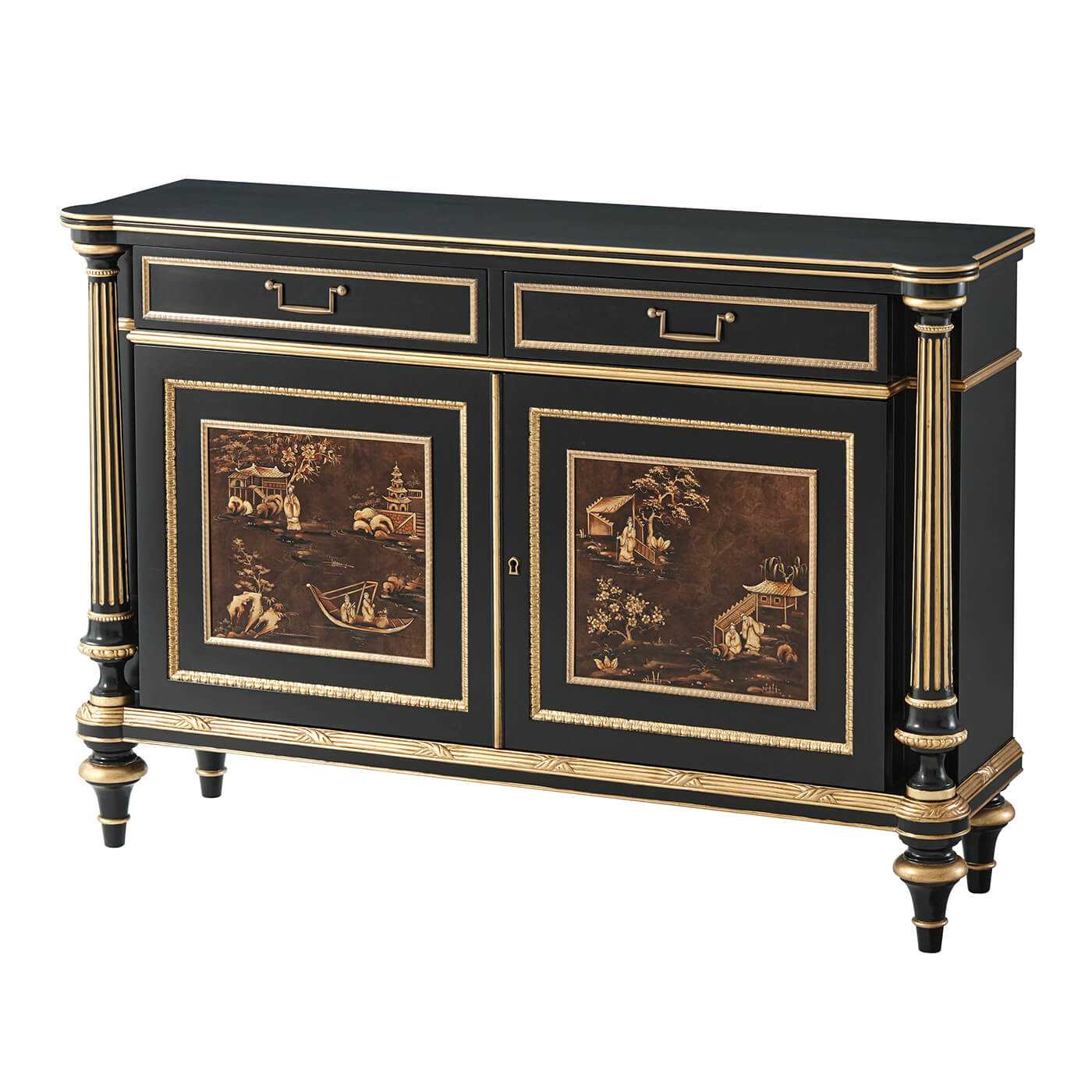 Black and gold Regency style chinoiserie cabinet angled view.