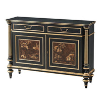 Black and gold Regency style chinoiserie cabinet angled view.