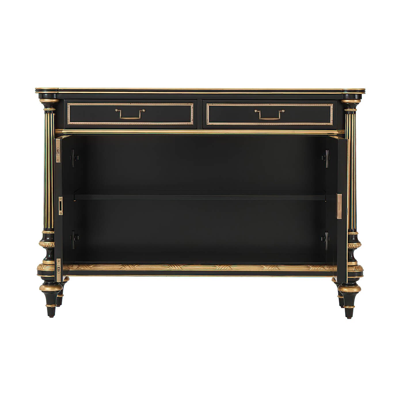 Interior view of open Regency style chinoiserie cabinet.