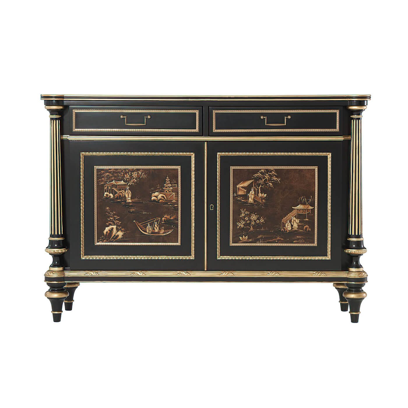 Front view of Regency style chinoiserie cabinet with closed doors.
