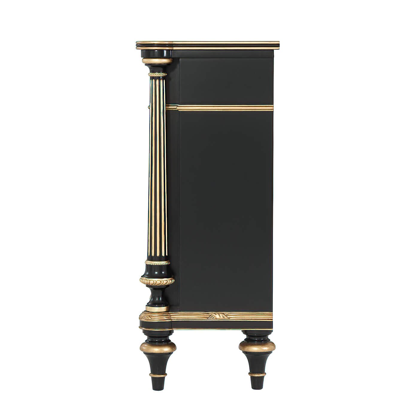 Side view of Regency style chinoiserie cabinet showcasing details.