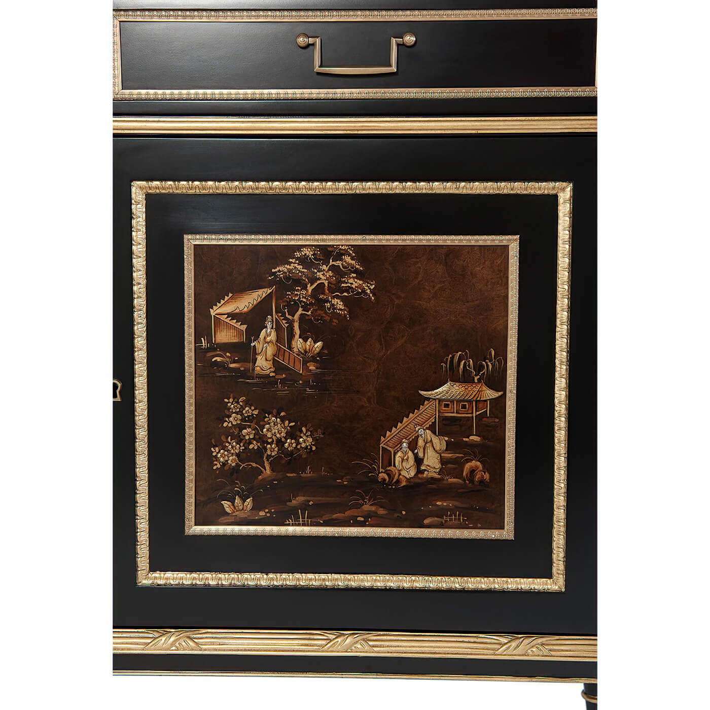 Zoomed-in decorative panel on Regency chinoiserie cabinet door.