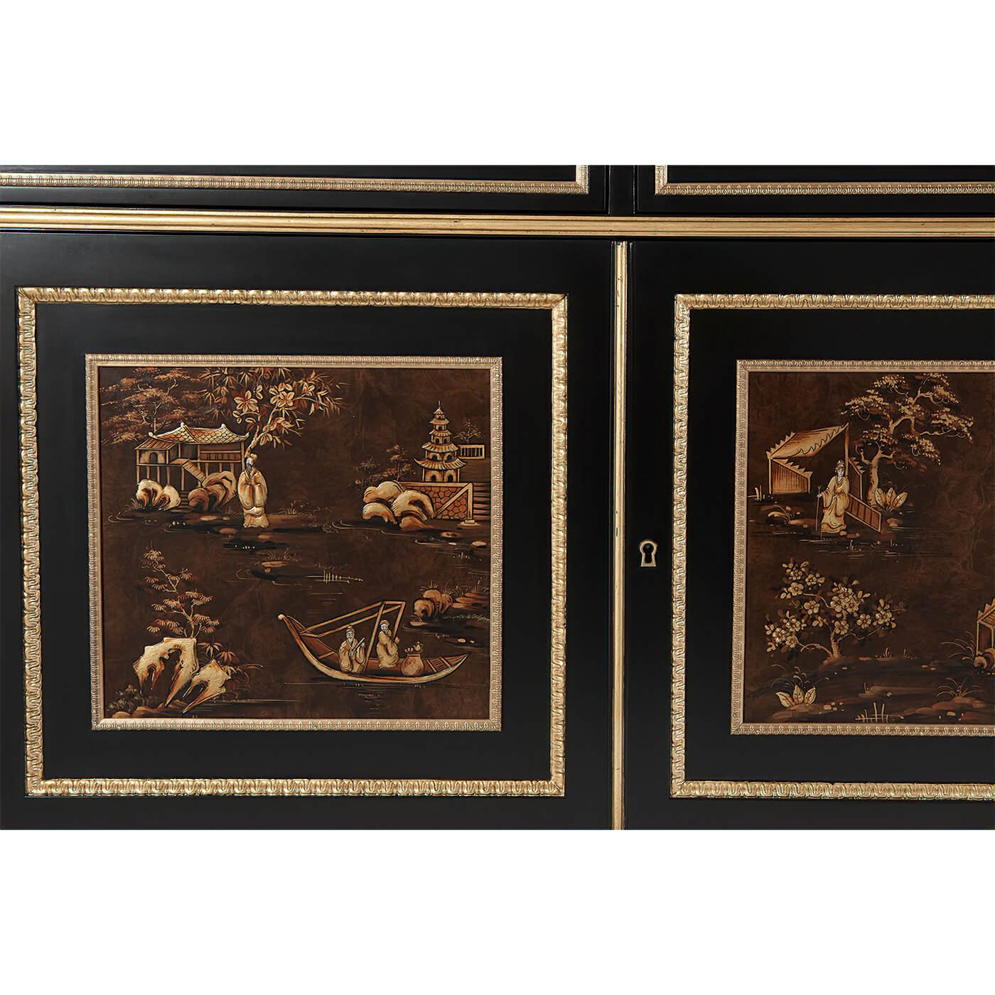Close-up of decorative panels on Regency style cabinet front.