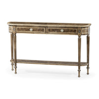 Regency style console table, angled front view, wooden finish.