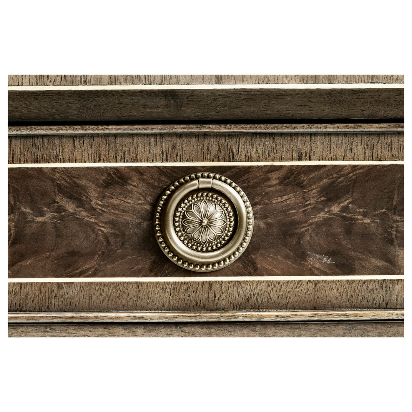 Console table drawer knob, detailed circular design.