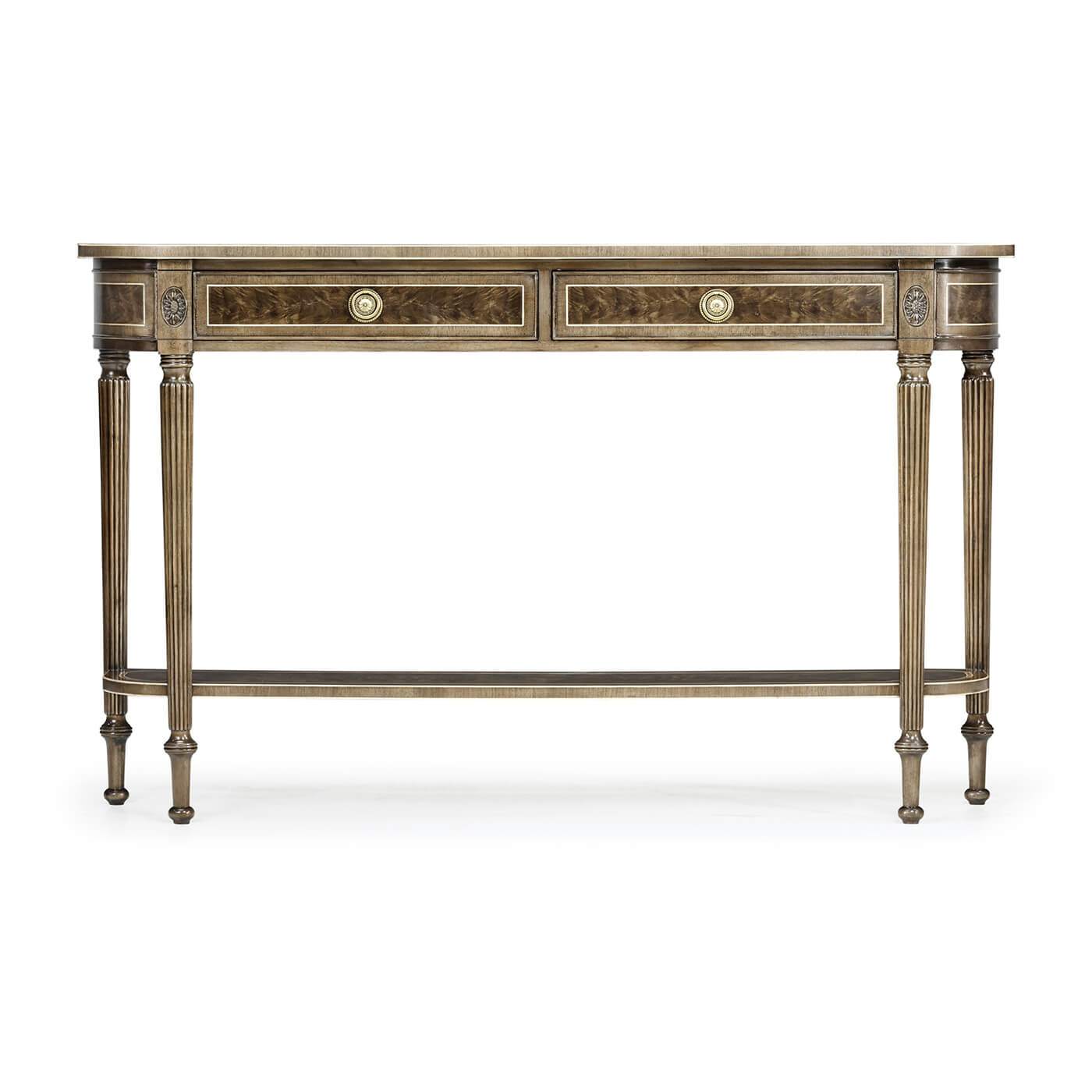 Regency console table, straight front view, dual drawers visible.