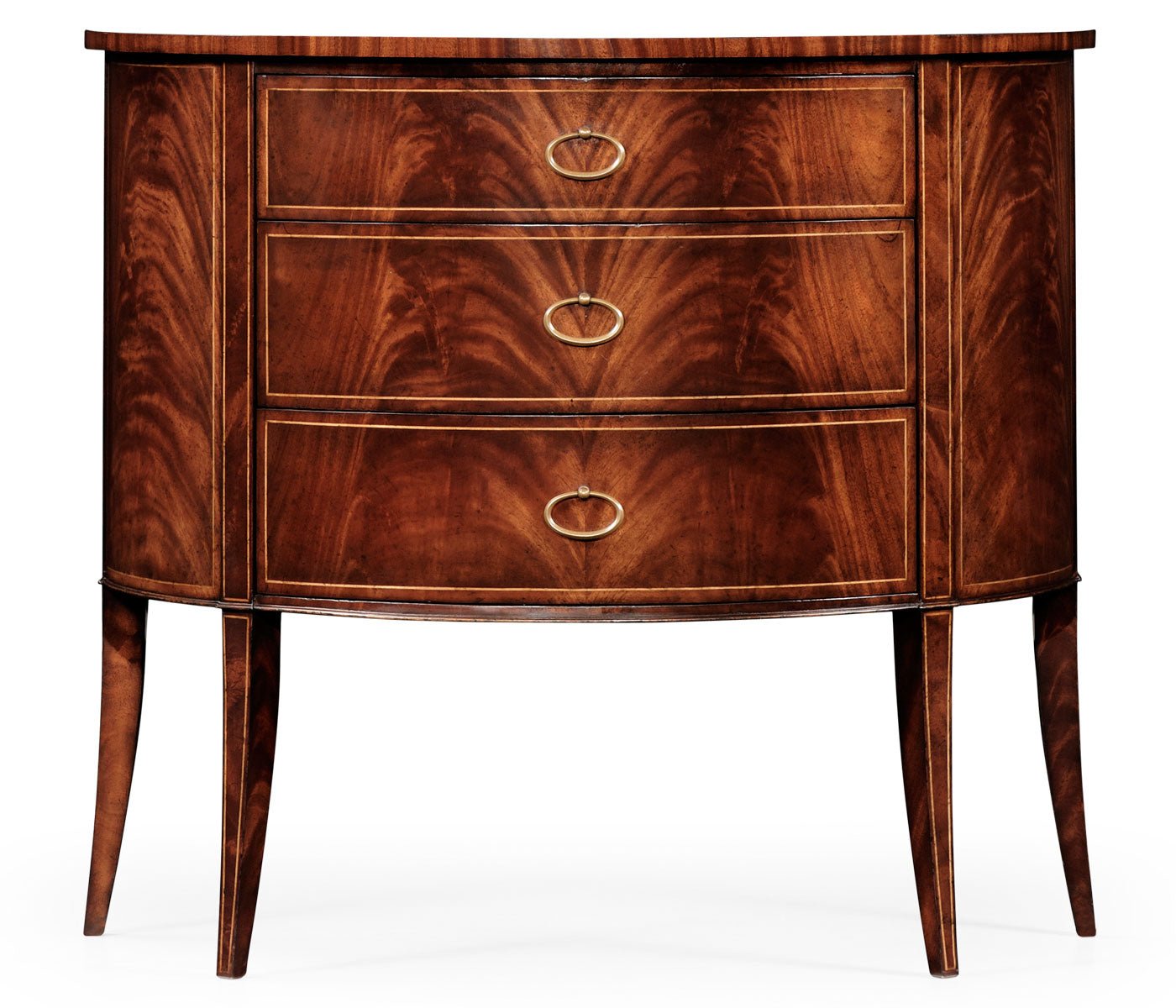 Demilune chest, front view, showing detailed wood grain.