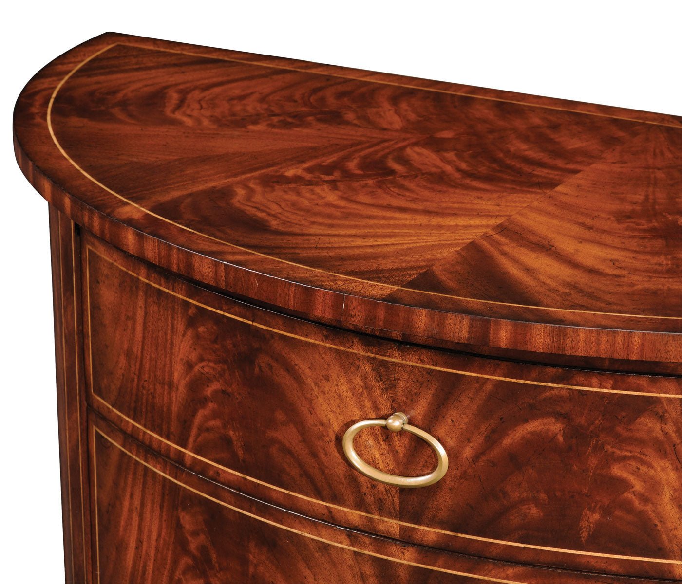 Demilune chest, close-up of top surface and drawer detail.
