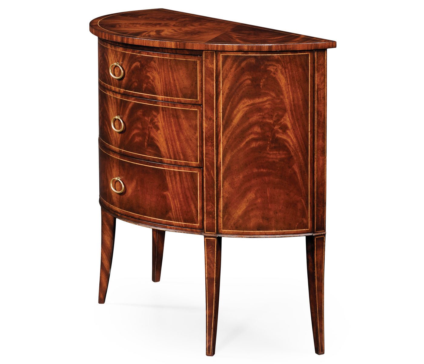 Demilune chest, side angled view, showcasing craftsmanship.