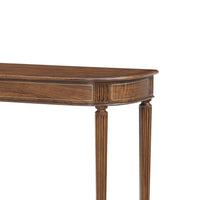 Close-up of demilune console table, leg and top detailing.