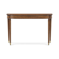 Front view of Regency demilune console table, brass-capped legs.
