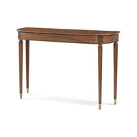 Demilune console table, angled view, fluted legs, brass accents.