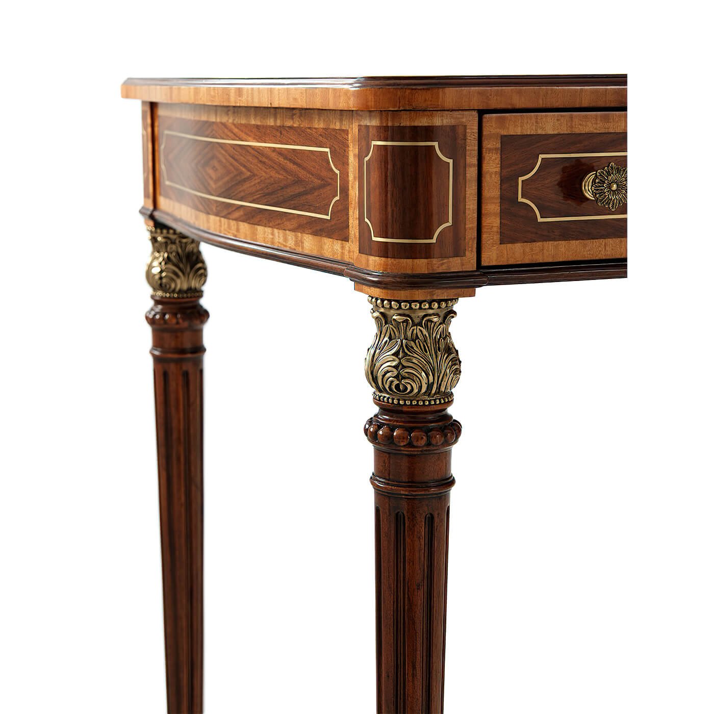 Detailed view of Regency style desk, ornate leg carvings.