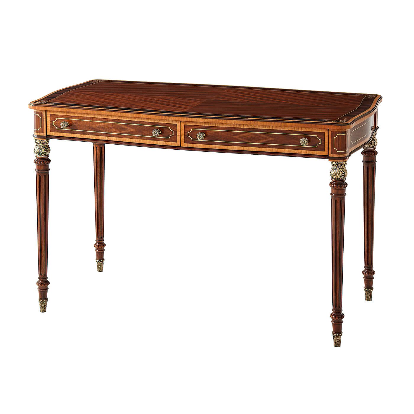 Regency style desk with intricate wood design, three-quarters view.