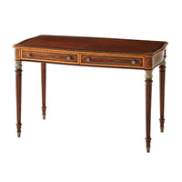 Regency style desk with intricate wood design, three-quarters view.