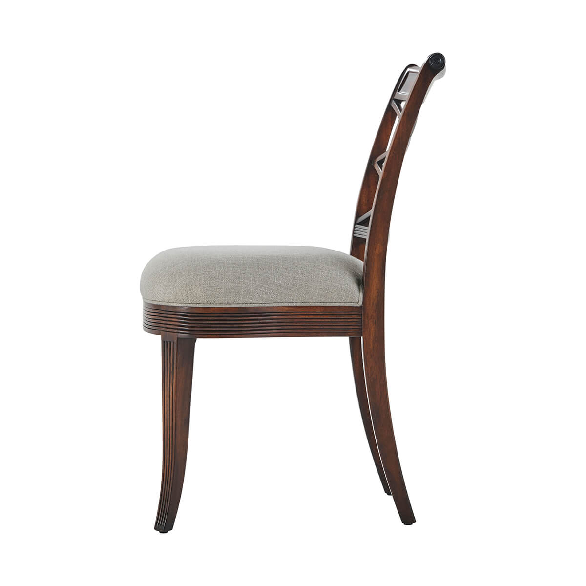 Side profile of Regency style dining side chair.