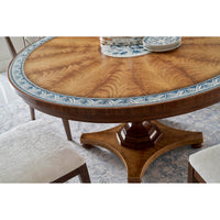 Regency dining table with chairs and decorative plates.