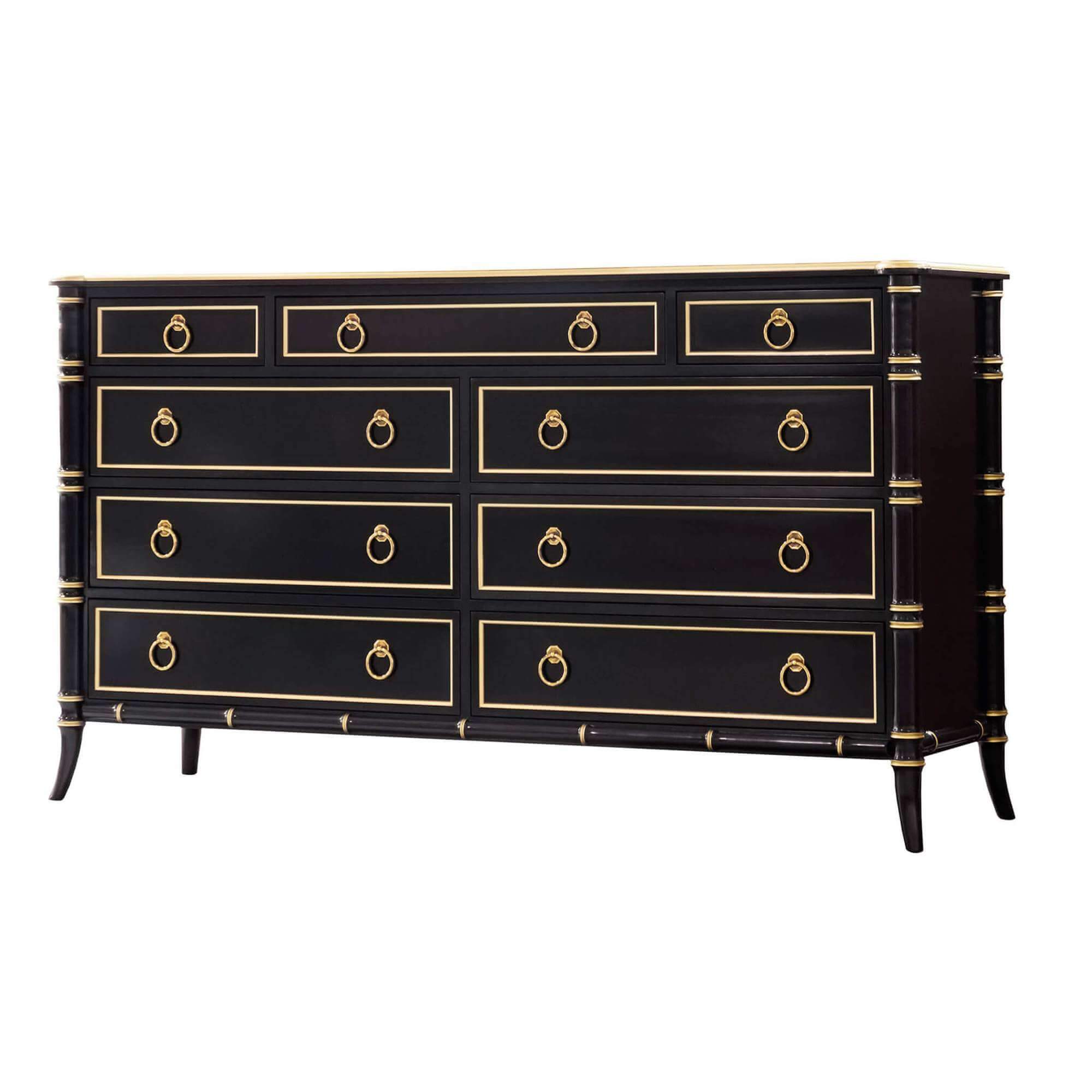 Black Regency style double dresser with gold accents.