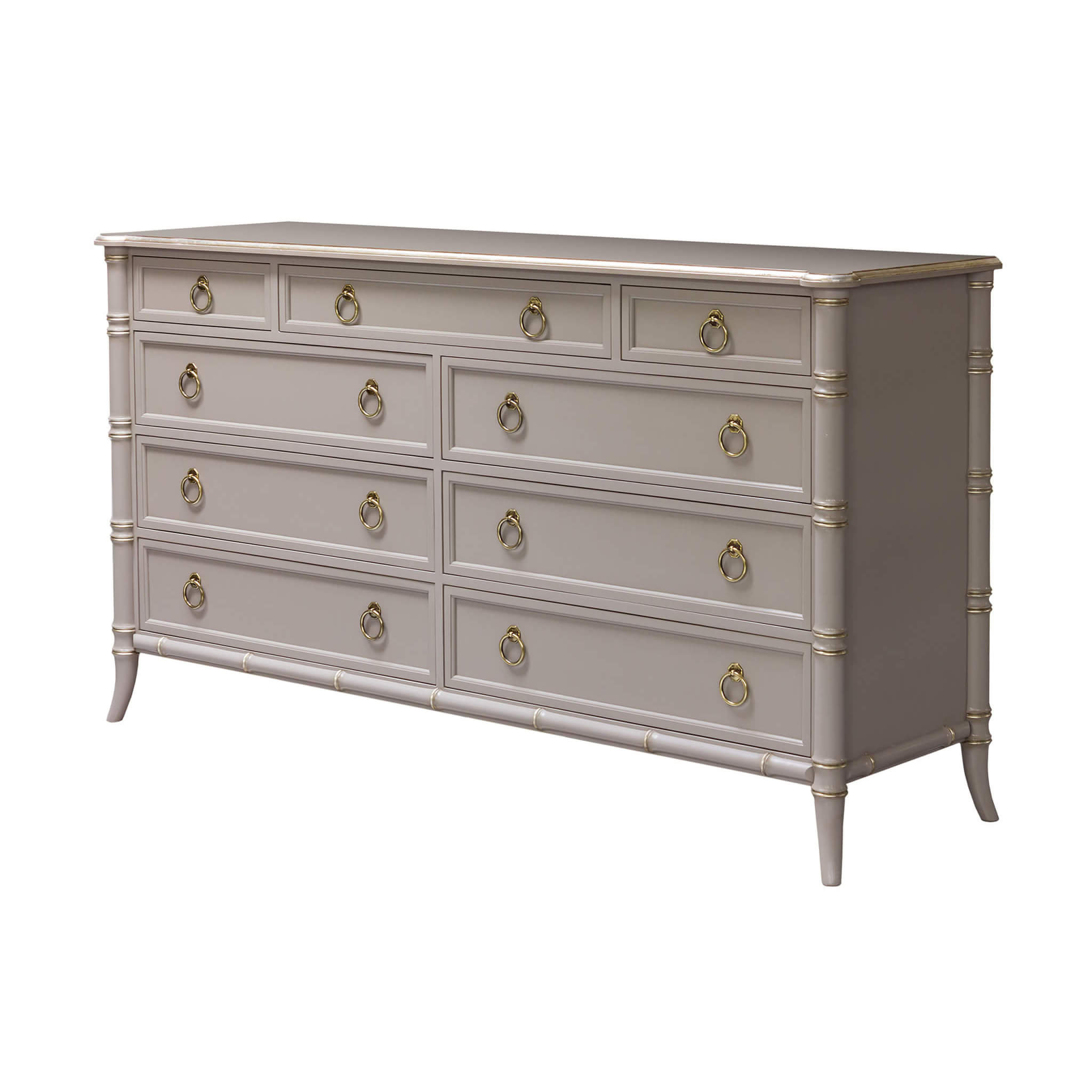 Gray Regency style double dresser with ornate handles.