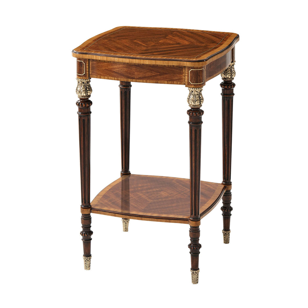 Regency style end table, full view, intricate details.