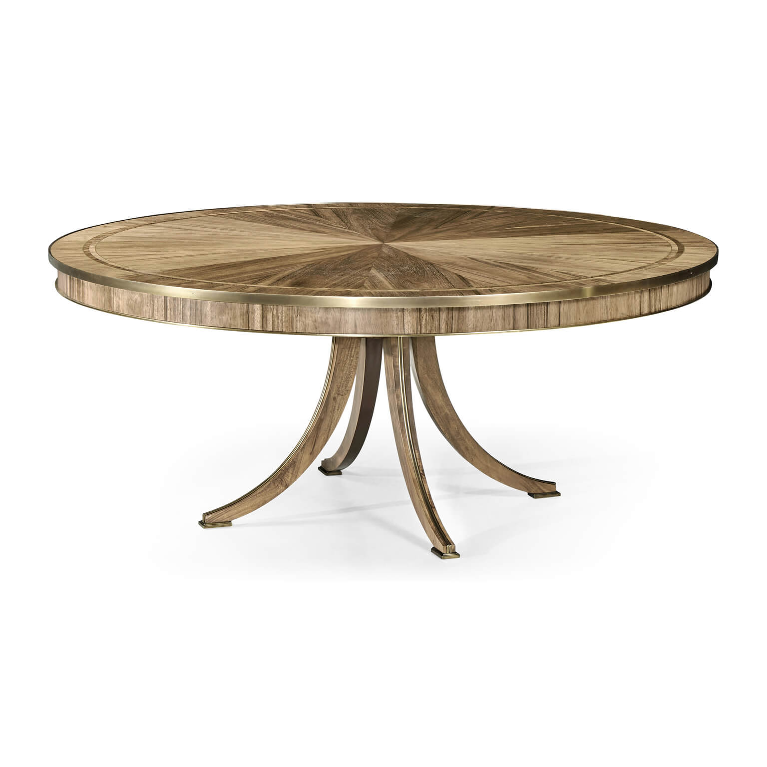 Round regency style golden dining table, angled view.