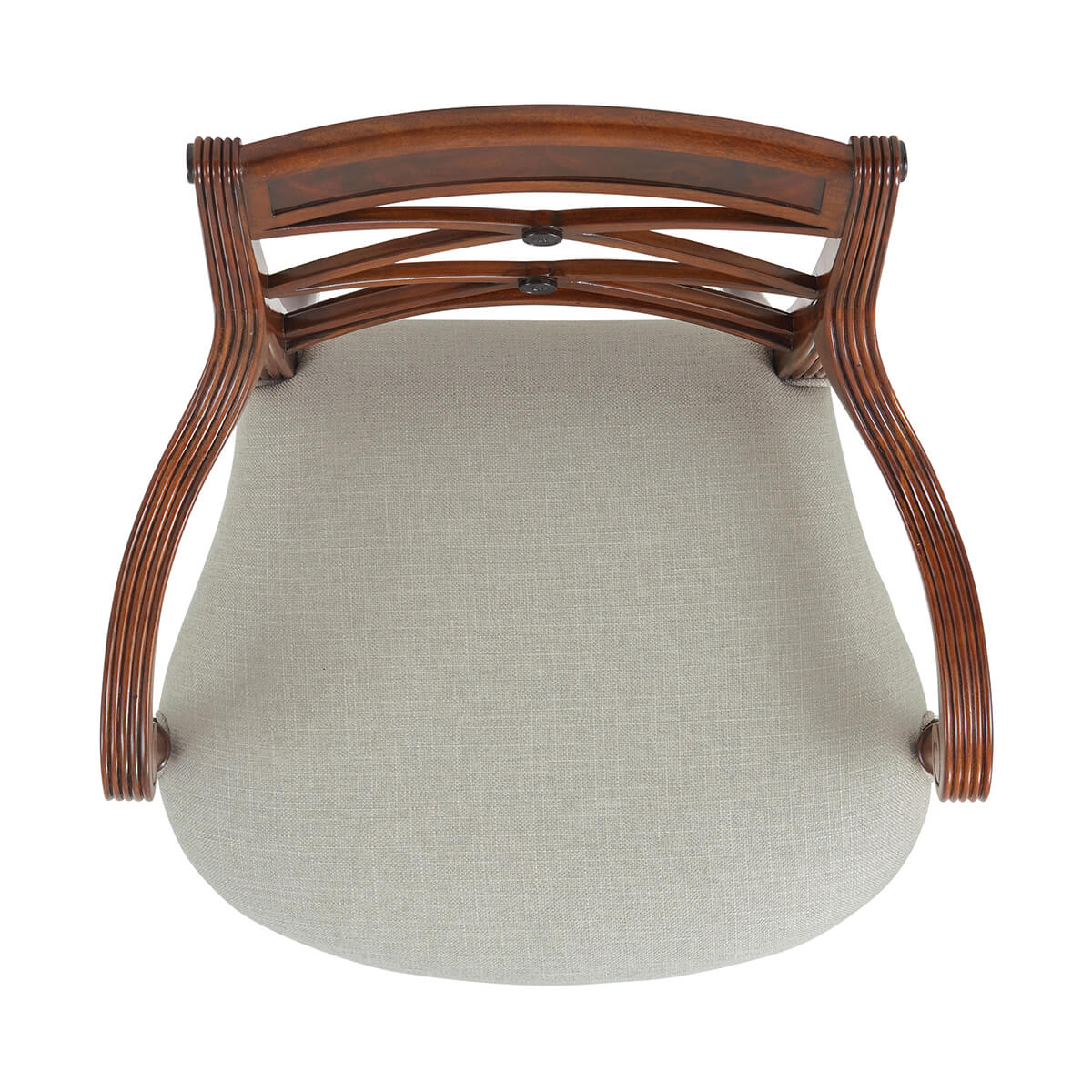 Top view of cushioned Regency style mahogany armchair.