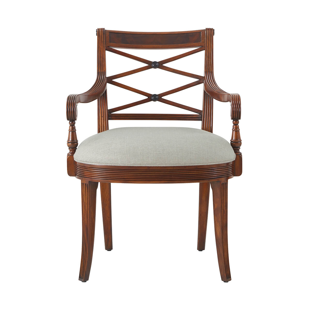 Front view of Regency style mahogany armchair with cushion.