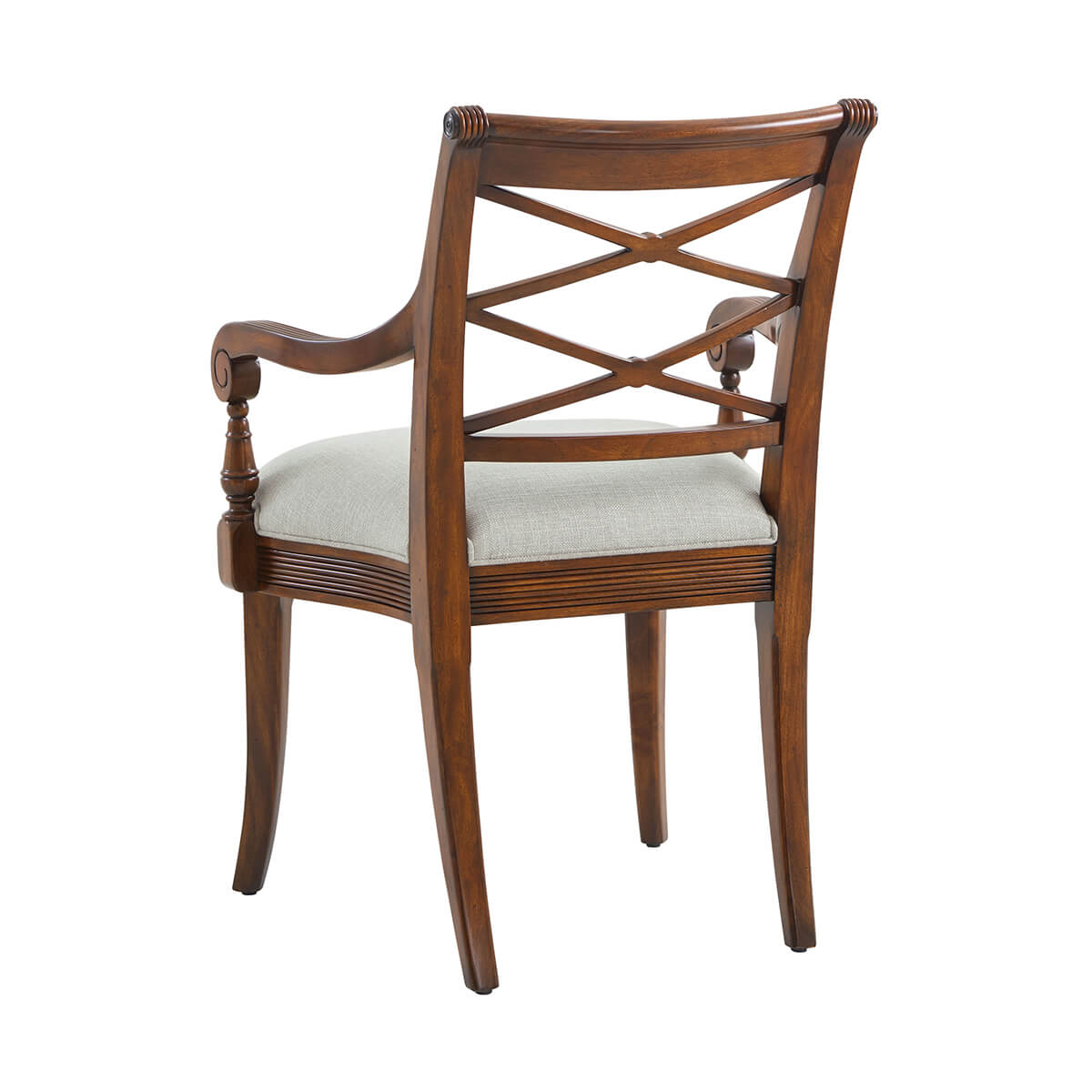Back angled view of Regency style mahogany armchair.