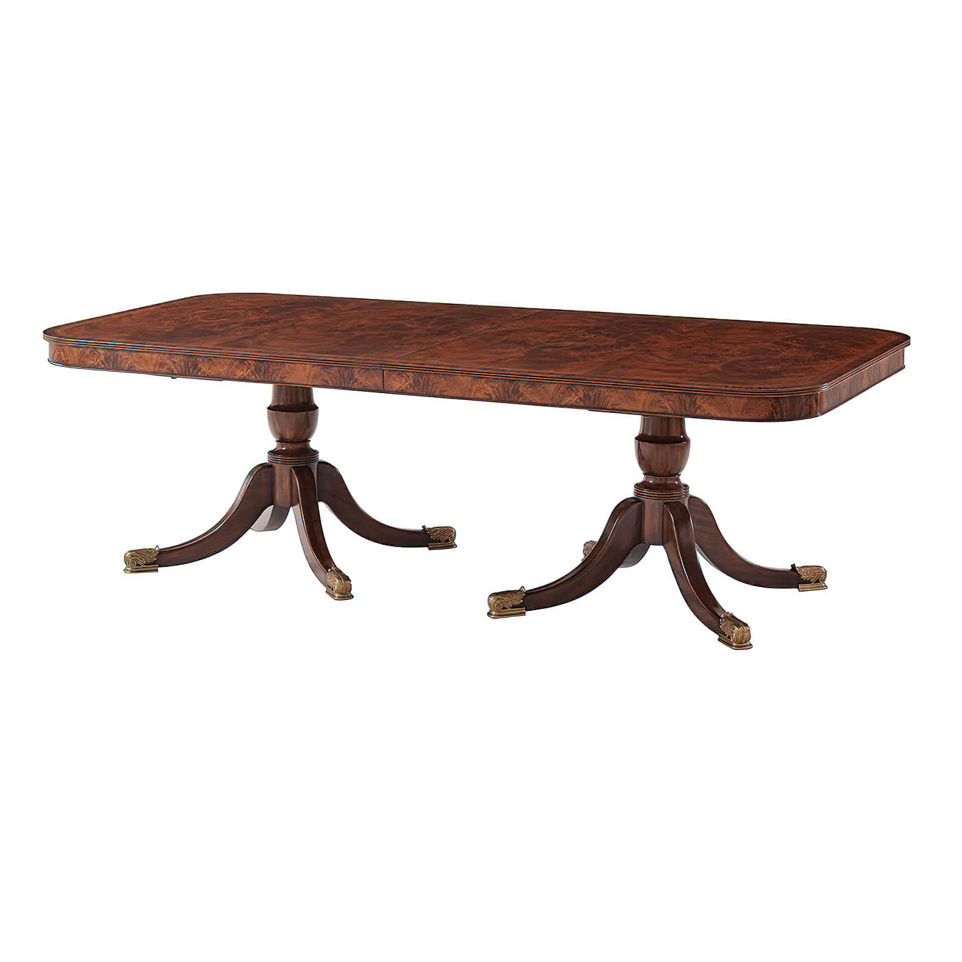 Mahogany dining table focused on detailed table legs.