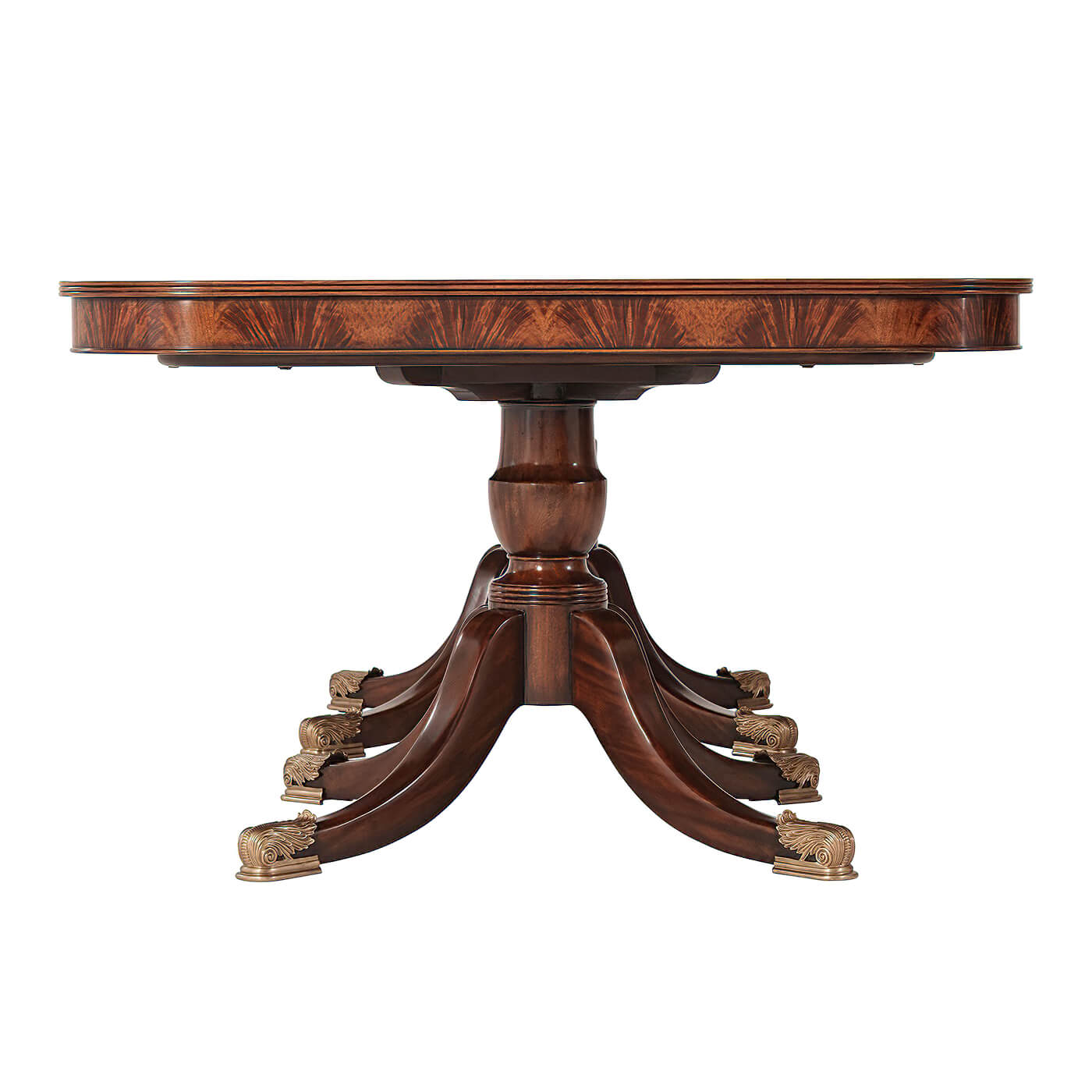End view of mahogany dining table with curved edges.