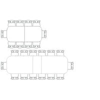 Diagram of mahogany dining table seating arrangement options.