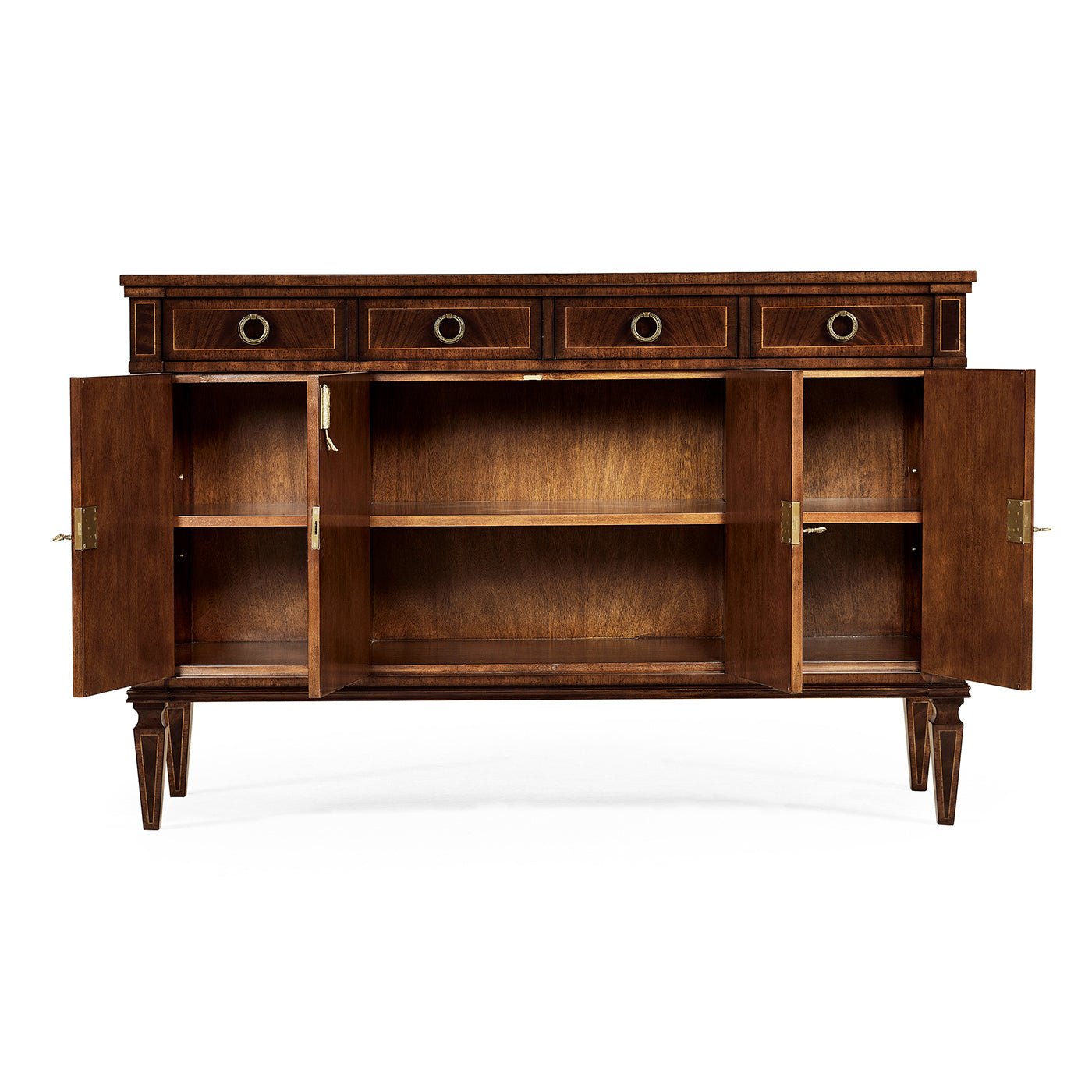 Opened doors of mahogany sideboard revealing storage.