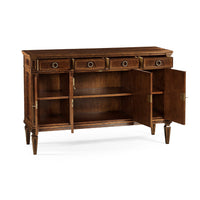 Drawers and doors open in mahogany sideboard.