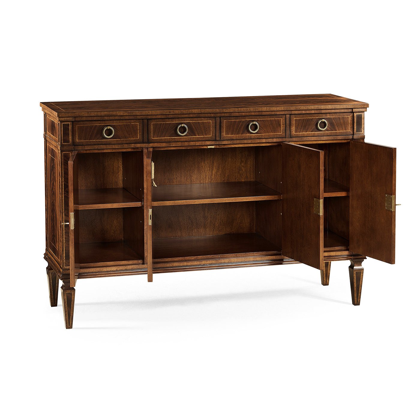 Angled view, one door open on mahogany sideboard.