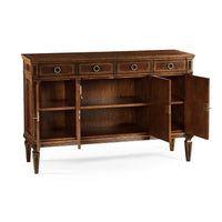 Angled view, one door open on mahogany sideboard.