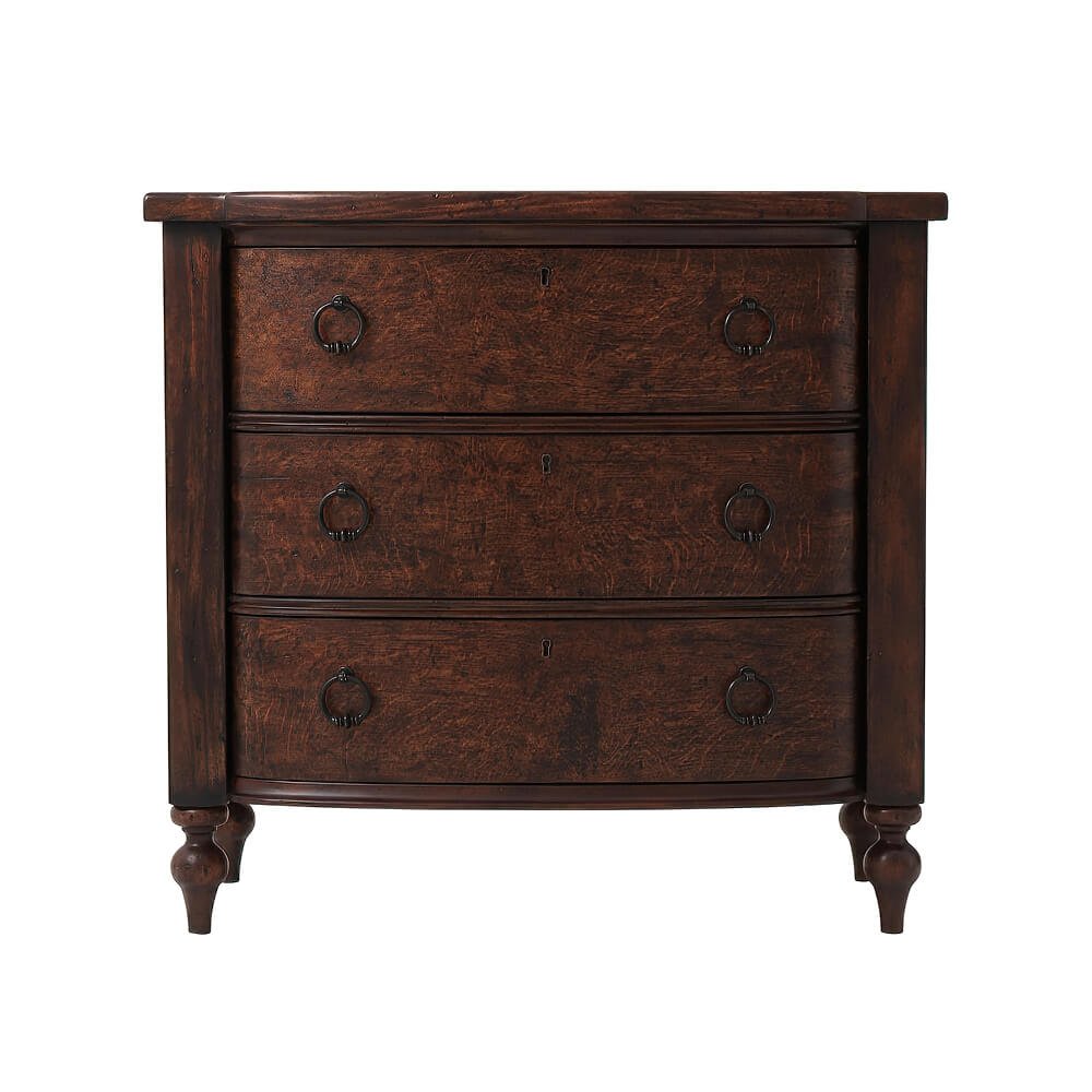 Front view of dark wood nightstand with ring handles.