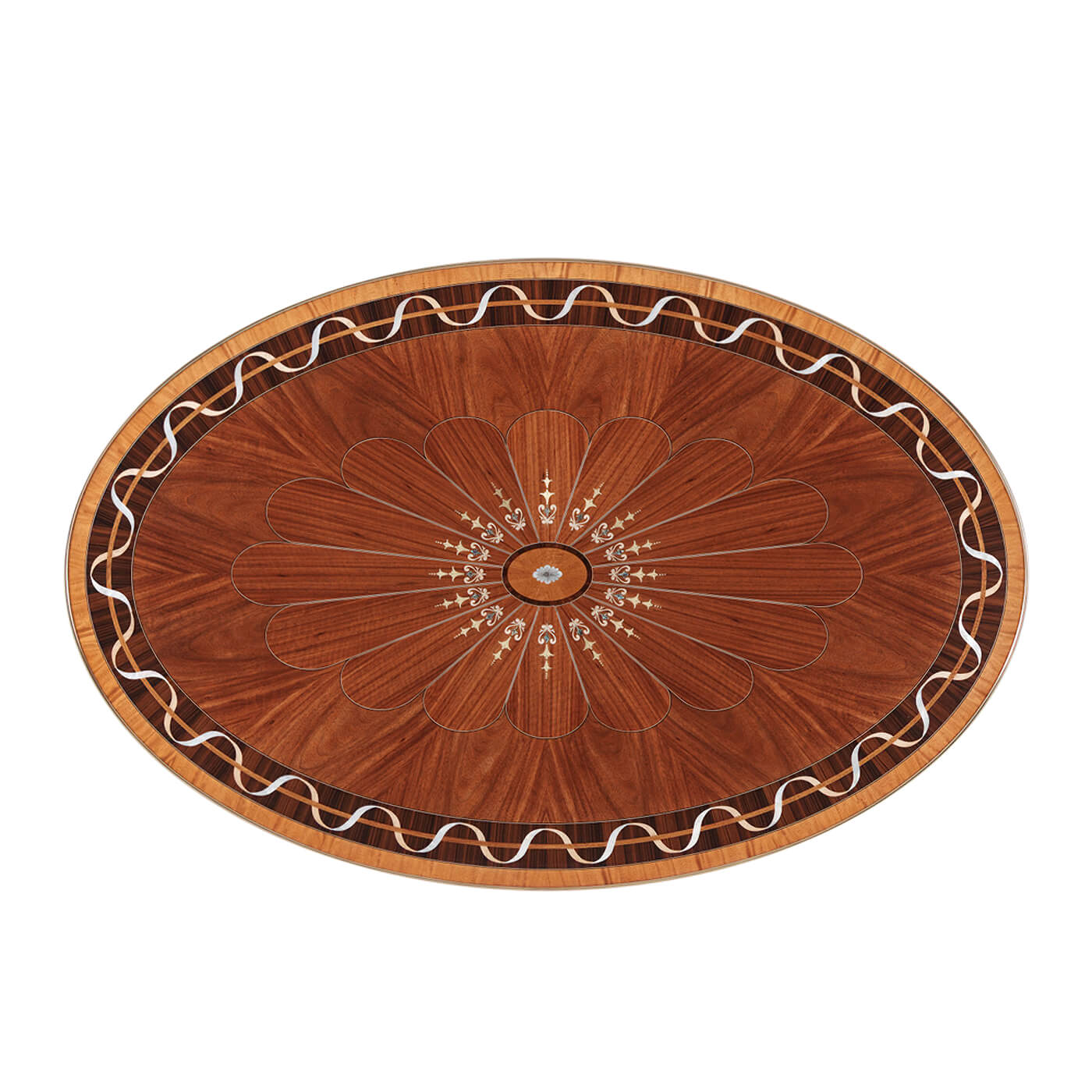 Top view of oval coffee table with detailed design.