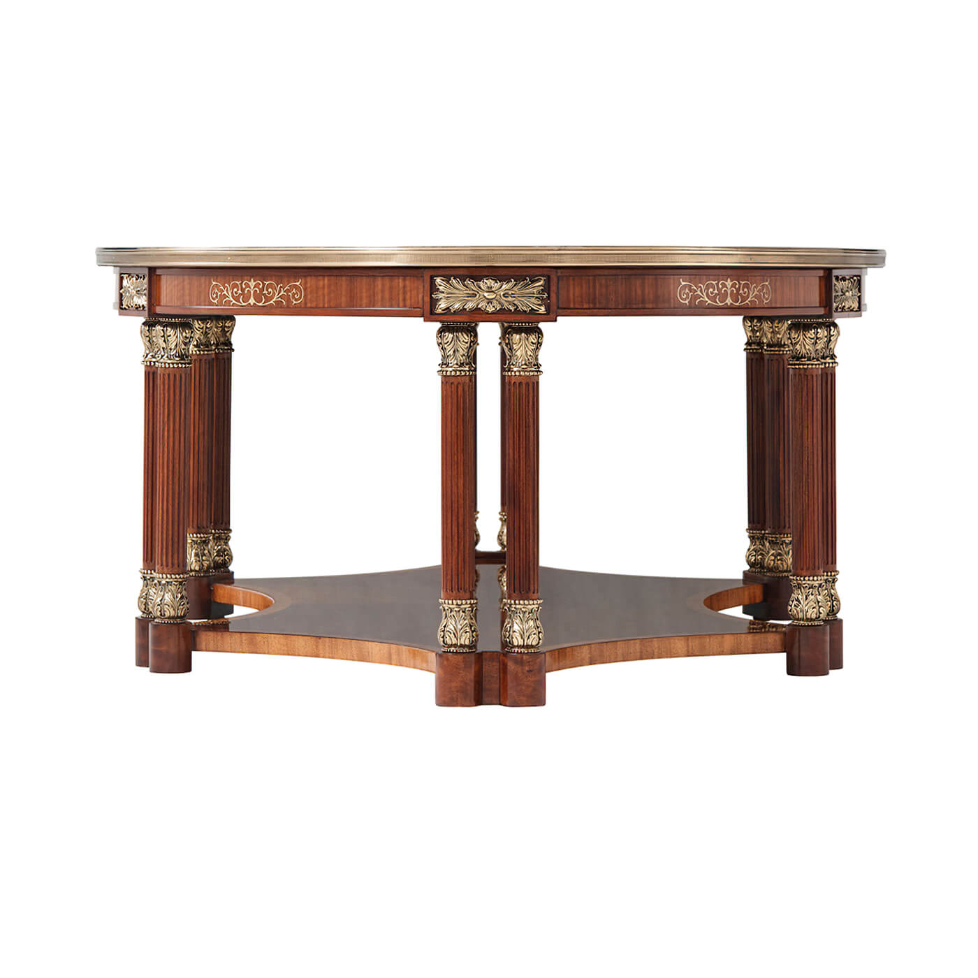 End view showcasing column details of oval coffee table.