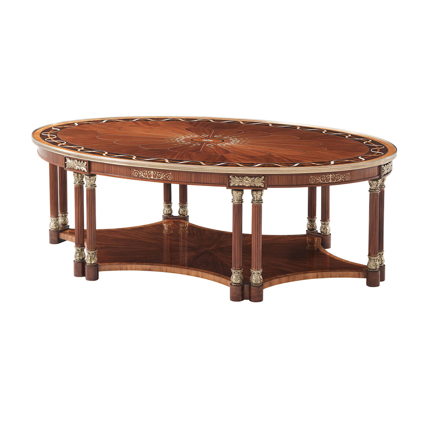 Oval coffee table with intricate wood pattern, angled view.