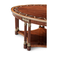 Partial view of oval coffee table, focusing on leg details.
