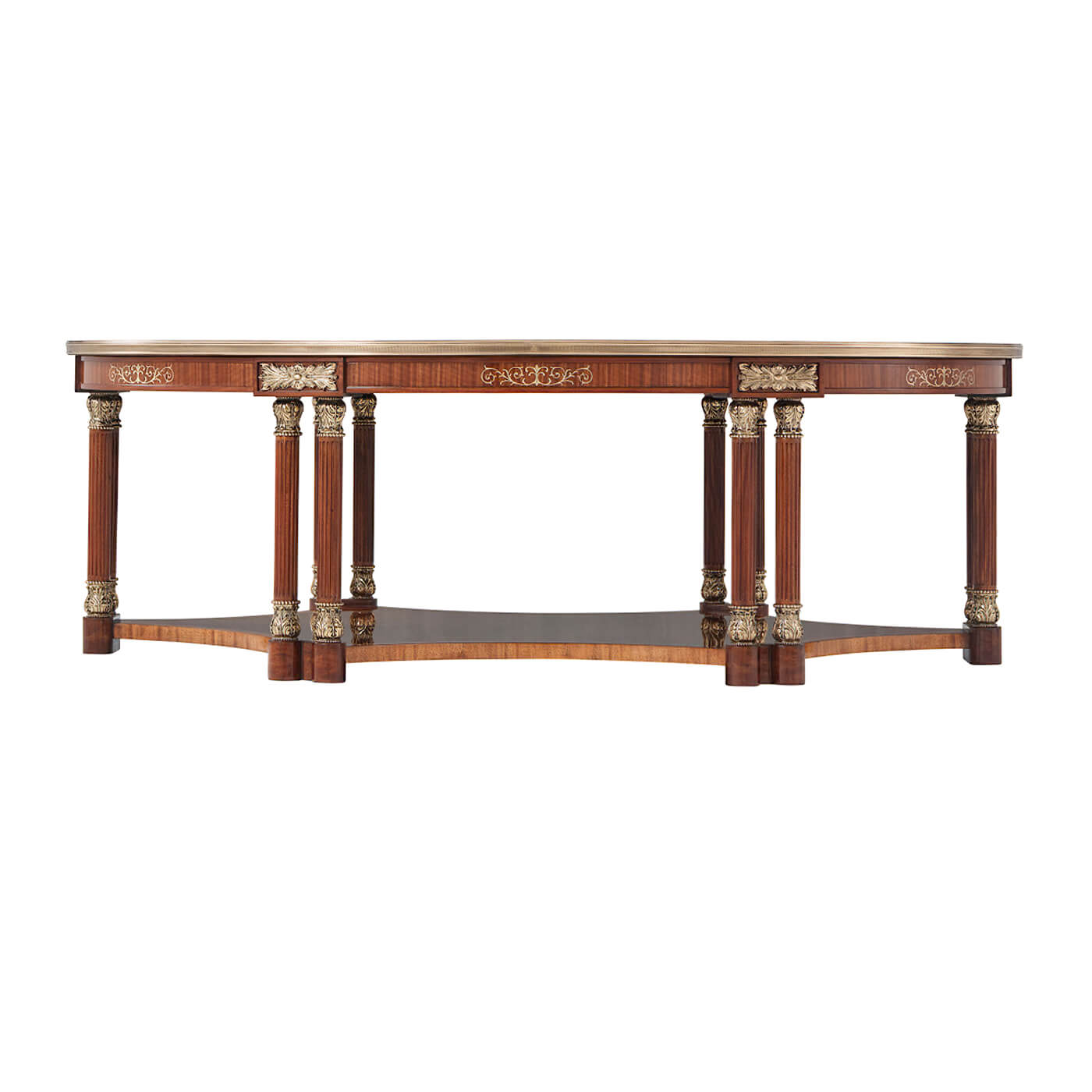 Side view of ornate oval coffee table with columns.