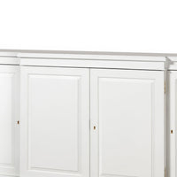 Close-up of Regency style credenza door details, white finish.