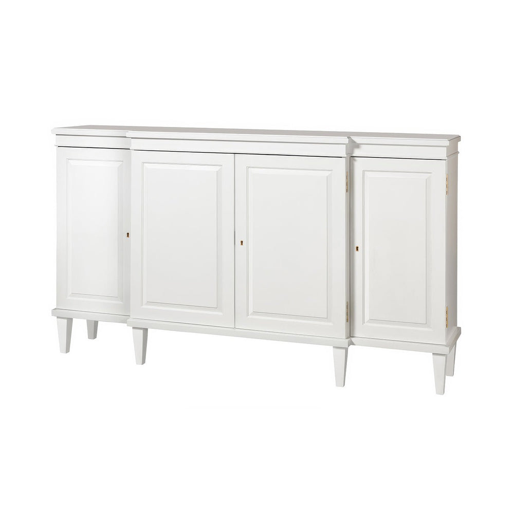 White Regency style credenza with closed doors, front view.